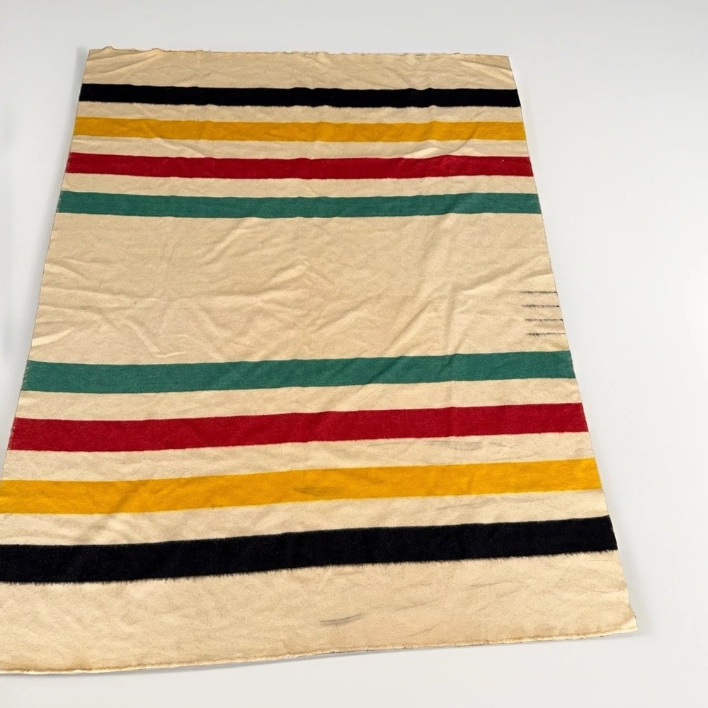 Vintage Hudson Bay 4 Point Wool Blanket Striped Cream Multi Lodge 90x70